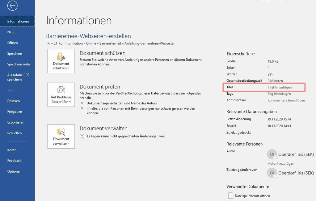 Bildschirmfoto Dateieigenschaften in Word