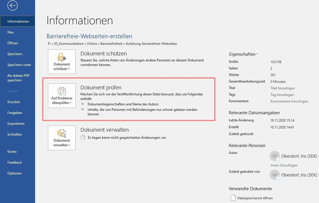 Barrierefreiheitsprüfung in Word